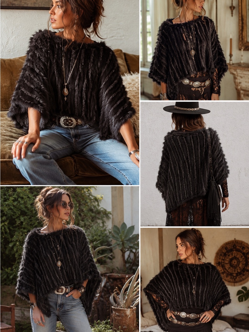 Talk of the Walk Real Rabbit Fur Poncho Capelet Black Boho
